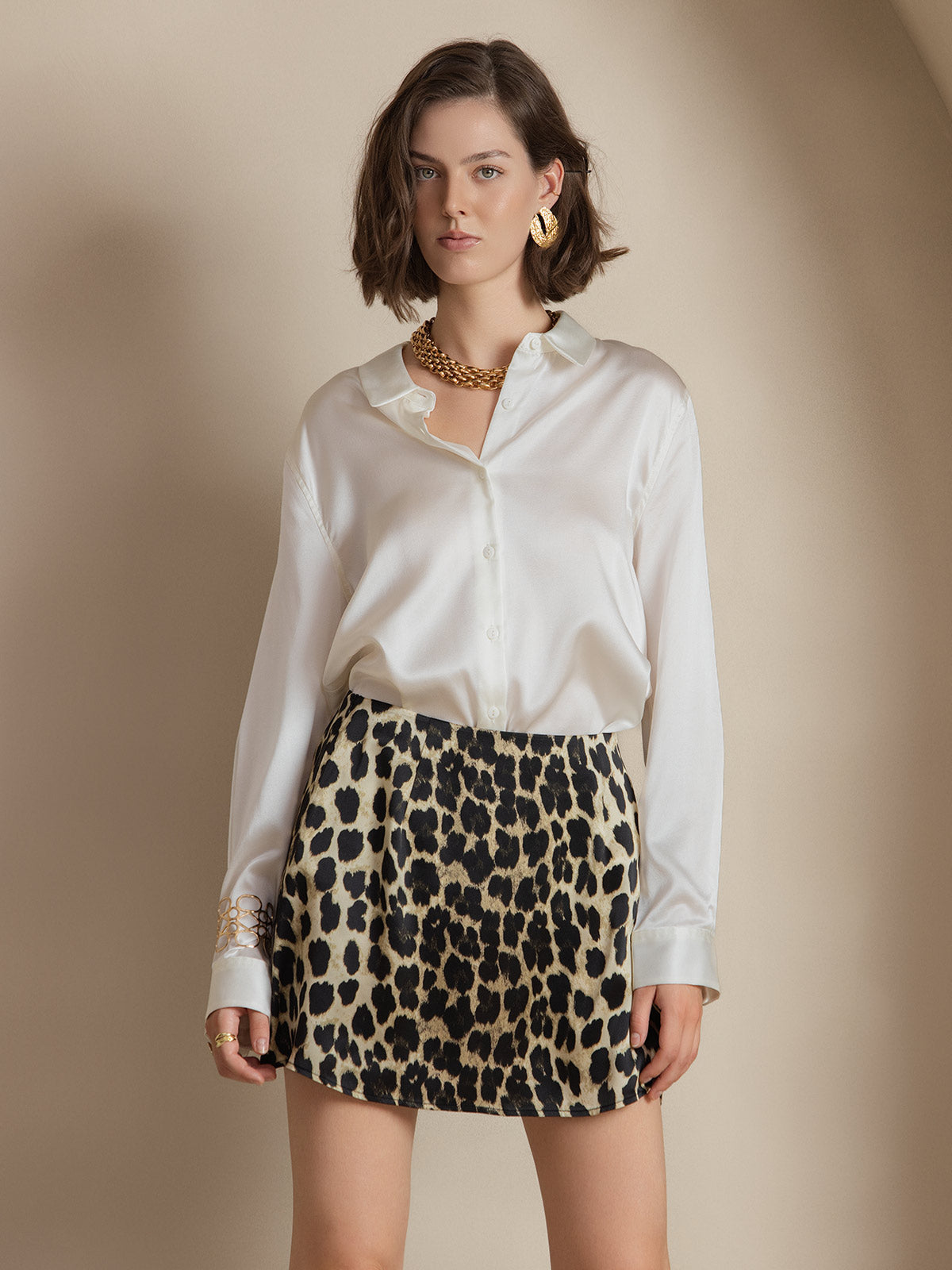 [White] SilkSilky-UK Silk Long Sleeve Collar Women's Shirt 001