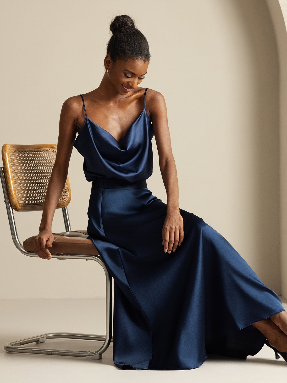 [Dark Blue] SilkSilky-UK 19Momme Silk Knitted Cowl Neck Women''s Outfit Sets 008,