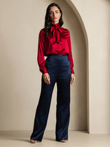 [Wine] SilkSilky-UK Long Sleeve Tie Neck Blouse 008