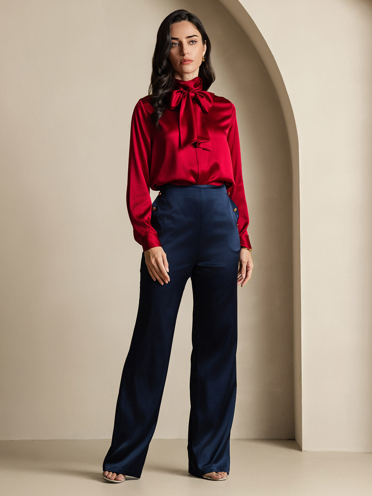 [Wine] SilkSilky-UK 19Momme Long Sleeve Tie Neck Blouse 008