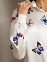 [White Butterfly] SilkSilky-UK Long Sleeve Lapel Collar Women's Shirt 003