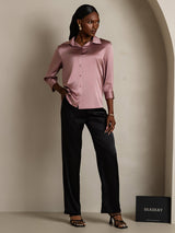 [Pale Mauve] SilkSilky-UK 19Momme Stretch Silk Charmeuse 3/4 Sleeve Lapel Collar Women's Shirt 006