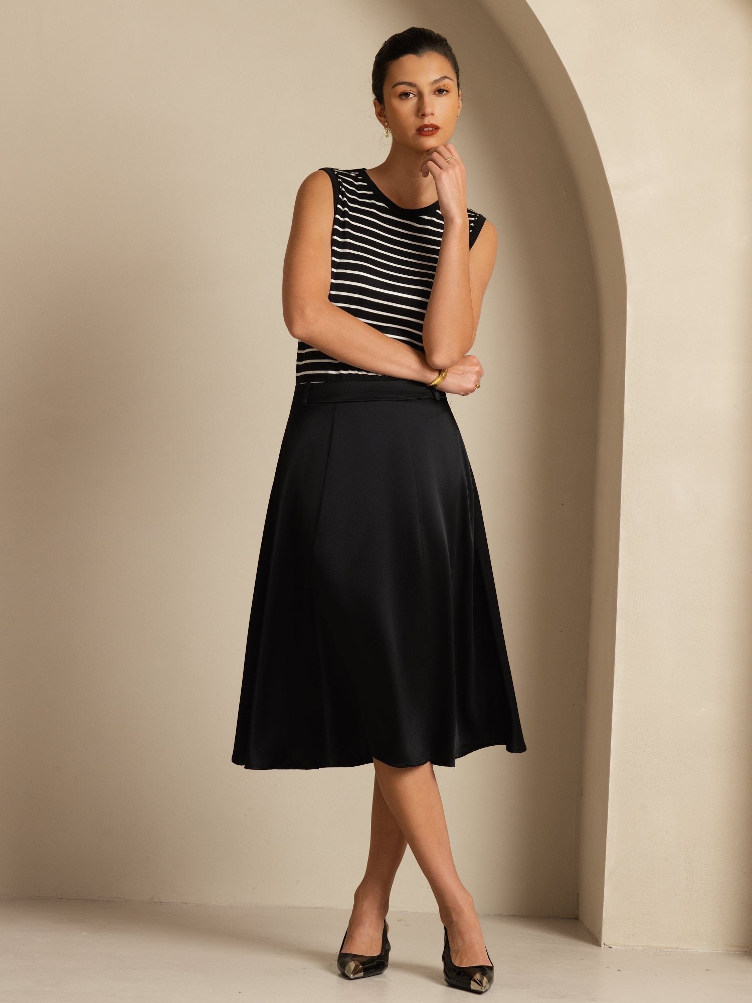 [Black] SilkSilky-UK 19Momme Stretch Silk Charmeuse Skirt 006