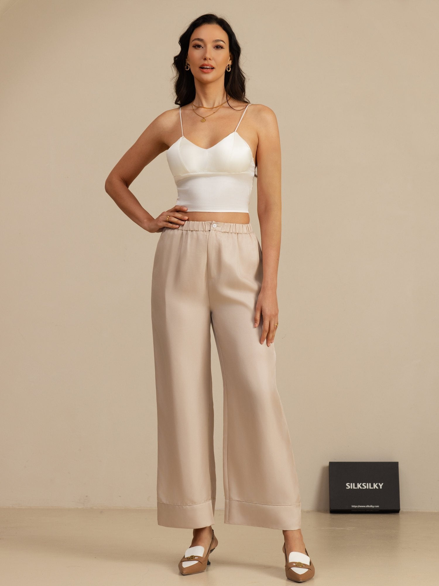 [Tan] SilkSilky-UK 18Momme Silk Satin Surah Womens Pants 005