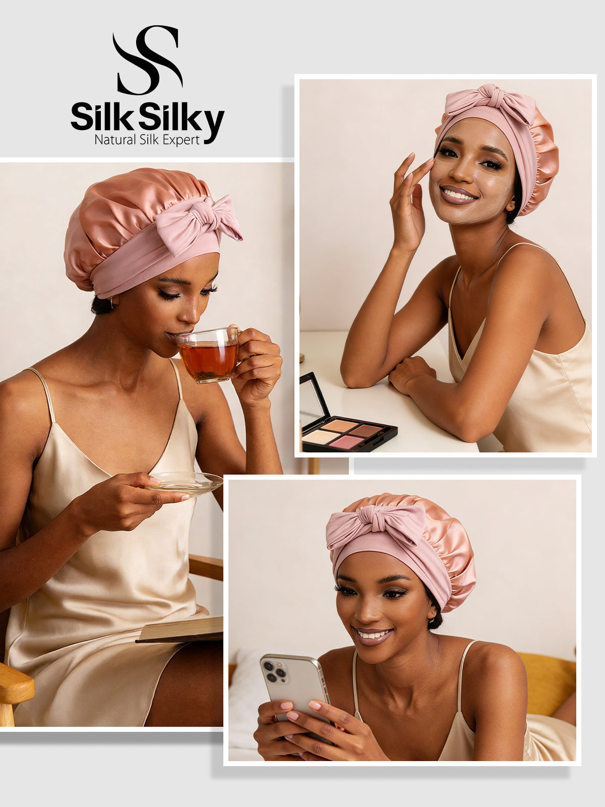 [Pink] SilkSilky-UK Pure Silk Sleep Cap 005