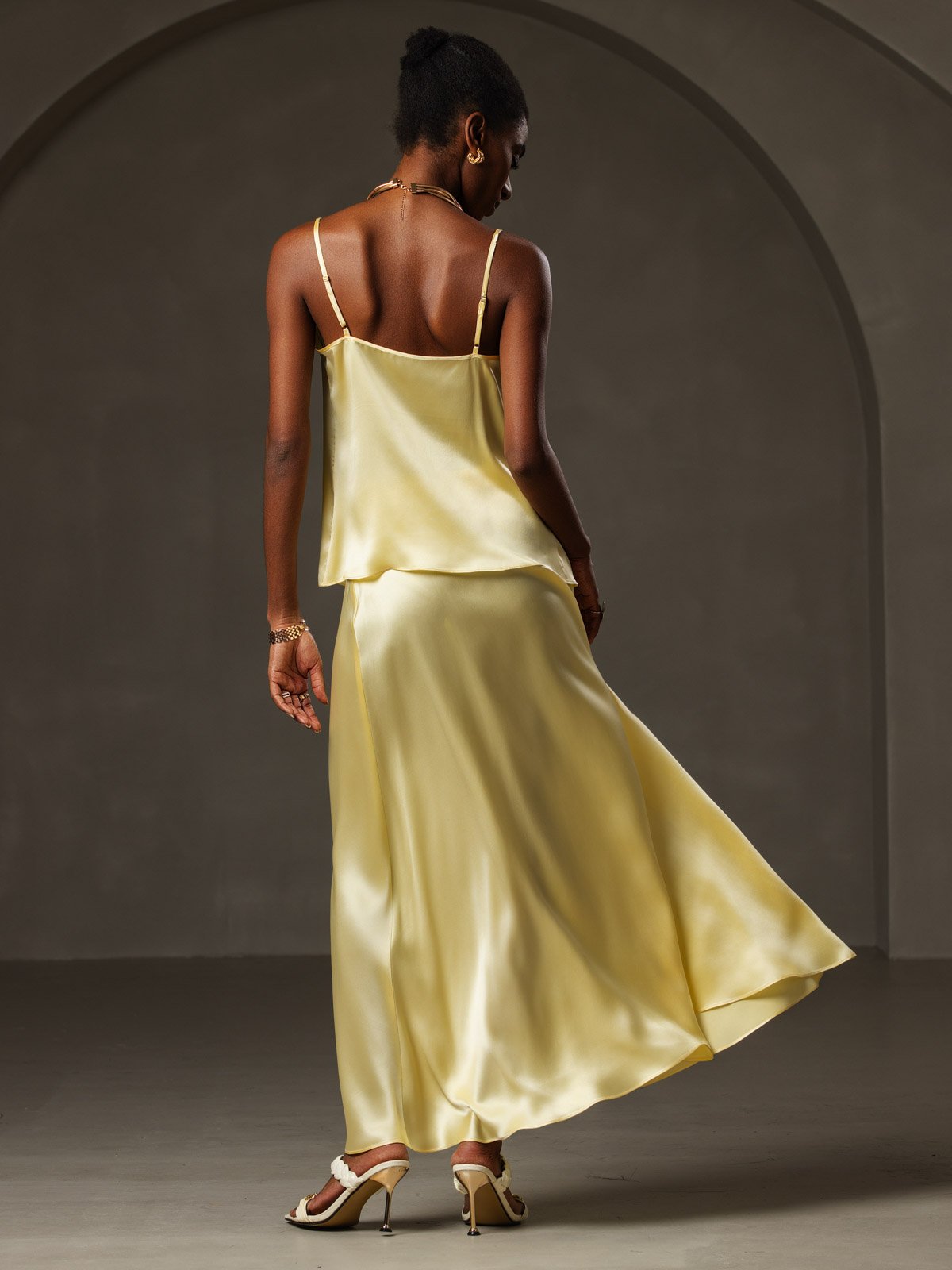 [Yellow] SilkSilky-UK 19Momme Silk Spaghetti Strap Cowl Neck Camisole 002