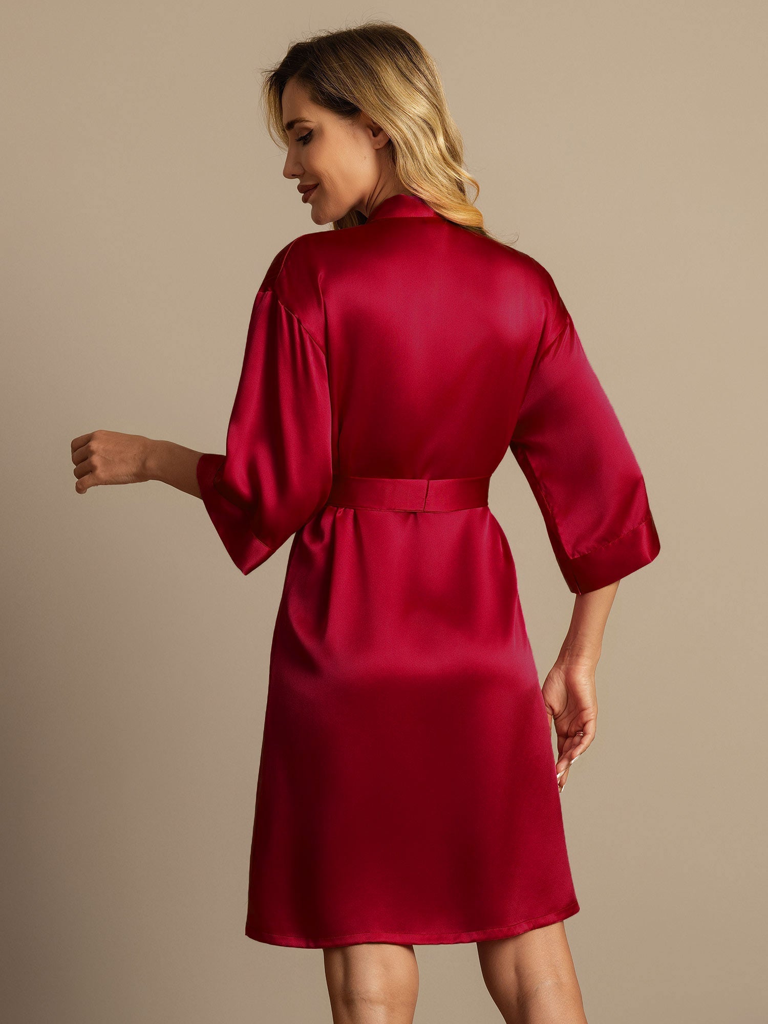 [Wine] SilkSilky-UK 3/4 Sleeve Women's Dressing Gown 002