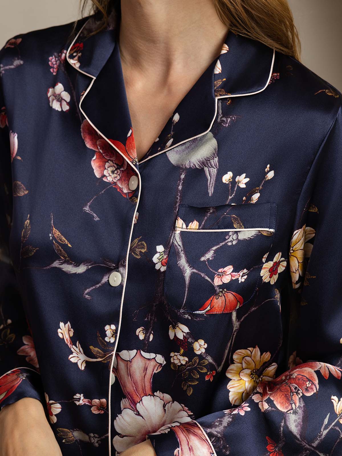 [Navy Floral] SilkSilky-UK Pure Silk Womens Pajamas 005