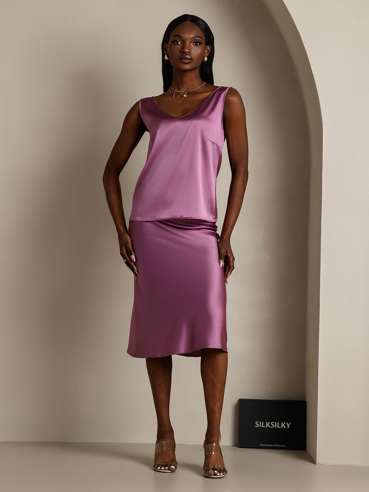 [Deep Purple] SilkSilky-UK 19Momme Silk V Neck Camisole 005