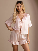 [Pink] SilkSilky-UK Short Sleeve V Neck Women's Pyjamas 001
