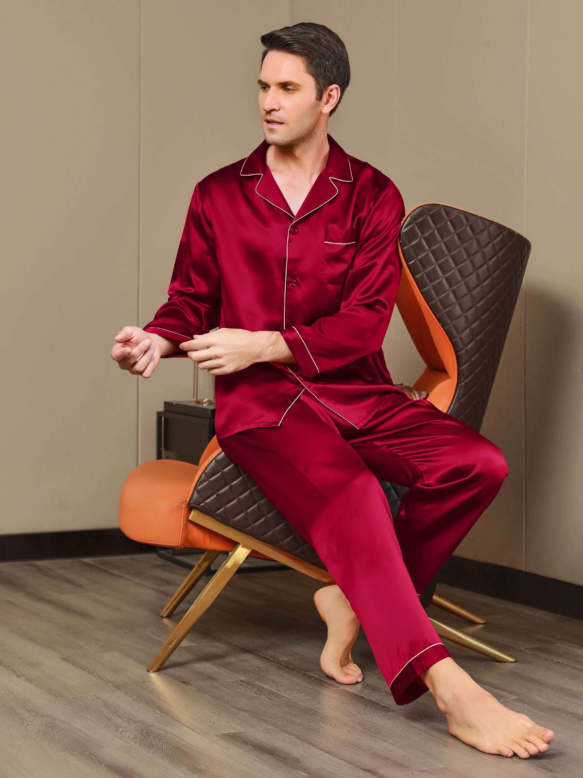 SilkSilky UK Pure Silk Long Sleeve Lapel Men's Pyjamas Wine 007