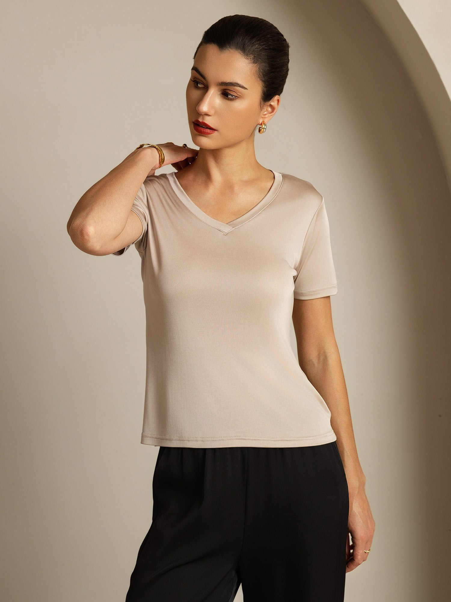 [LightKhaki] SilkSilky-UK Pure Silk V Neck Women's T-Shirt 005