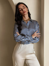 [Navy Stripe] SilkSilky-UK Long Sleeve Lapel Collar Women's Shirt 001
