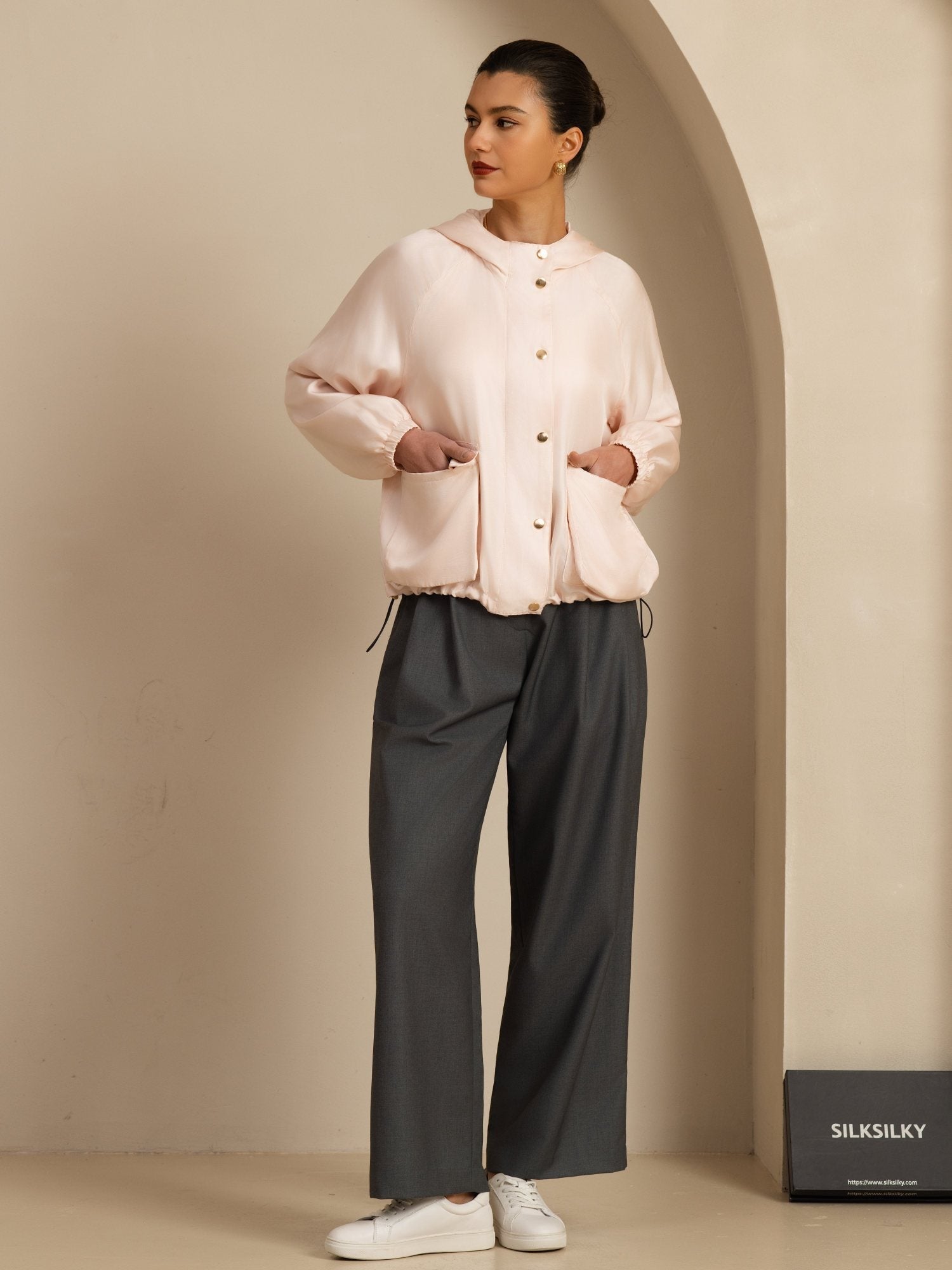 [Pink] SilkSilky-UK Silk Satin Surah Long Sleeve High Neck Women's Outerwear 007