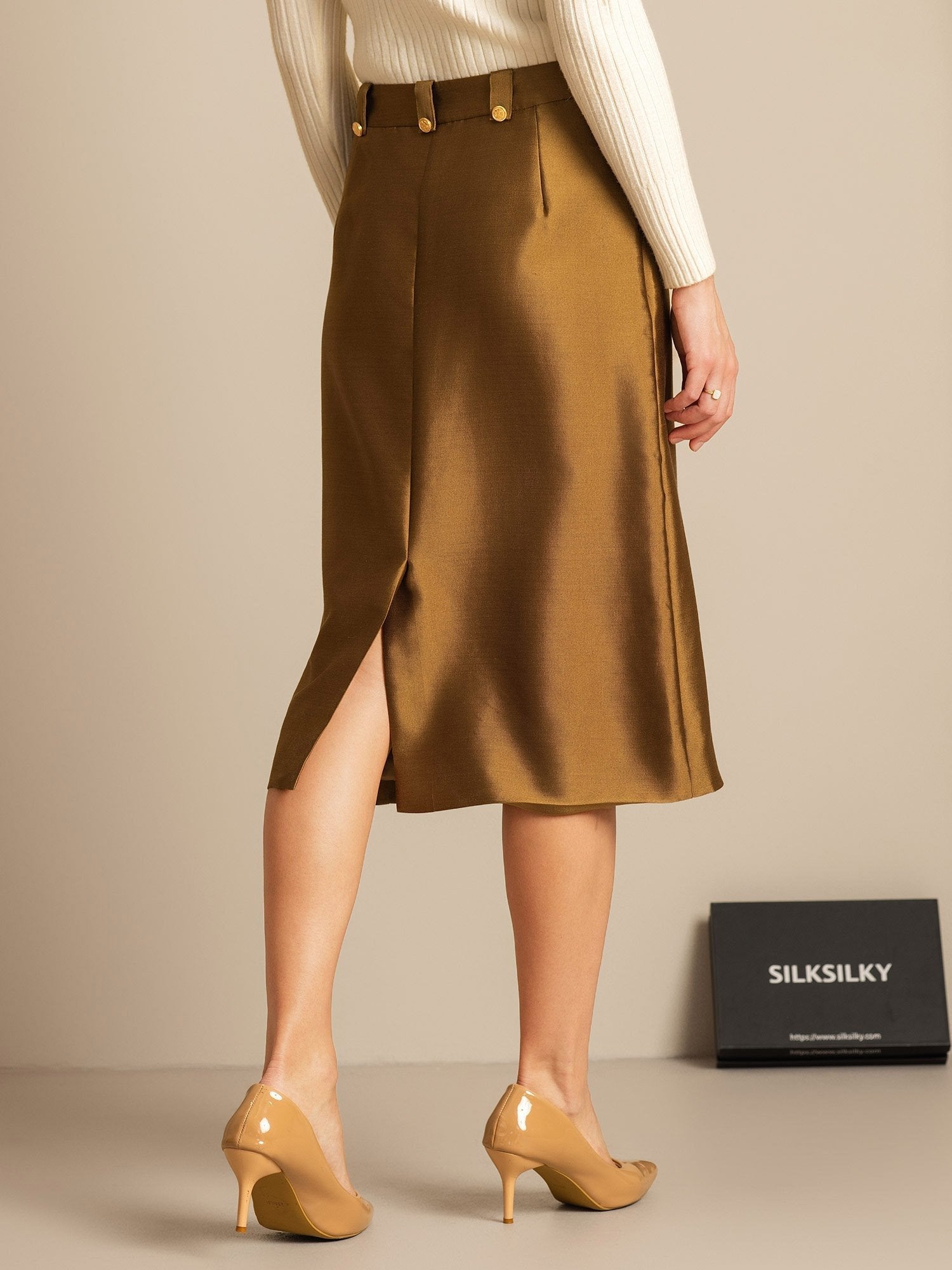 [Bronze] SilkSilky-UK 32Momme Silk-Wool Blend Split Skirt 002,