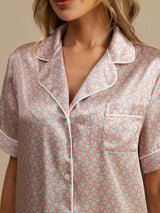 [Pink Heart Geo] SilkSilky-UK Short Sleeve Lapel Collar Women's Pyjamas 004
