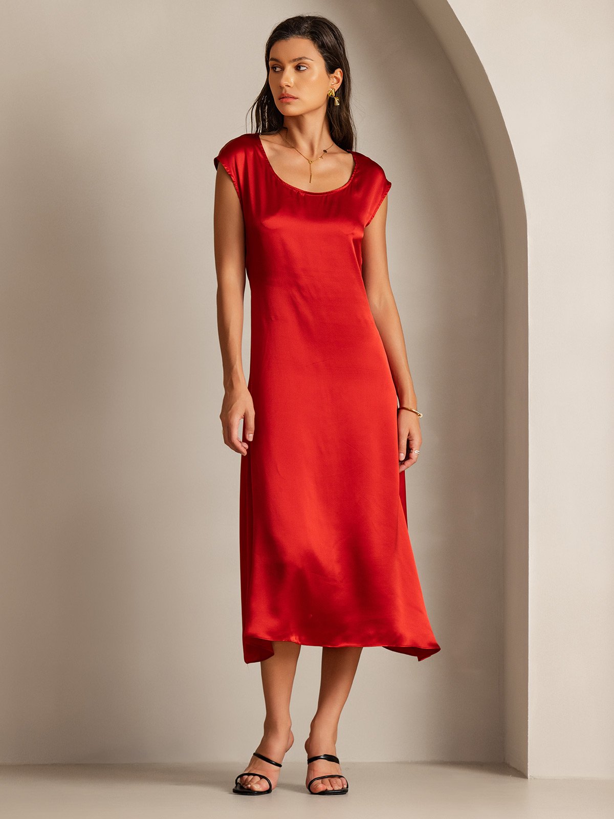 [Wine] SilkSilky-UK 19Momme Silk Cap Sleeve Round Neck Dress 005