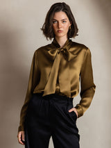 [Brown] SilkSilky-UK 19Momme Stretch Silk Charmeuse Long Sleeve Tie Neck Blouse 006