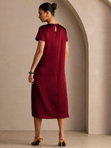 [Dark Red] SilkSilky-UK Short Sleeve Crew Neck Dress 002