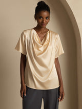 [Champagne] SilkSilky-UK Short Sleeve Cowl Neck Women's Blouse 001