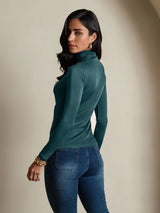 [Dark Green] SilkSilky-UK Silk Jersey Long Sleeve Turtle Neck Women's T-Shirt 002