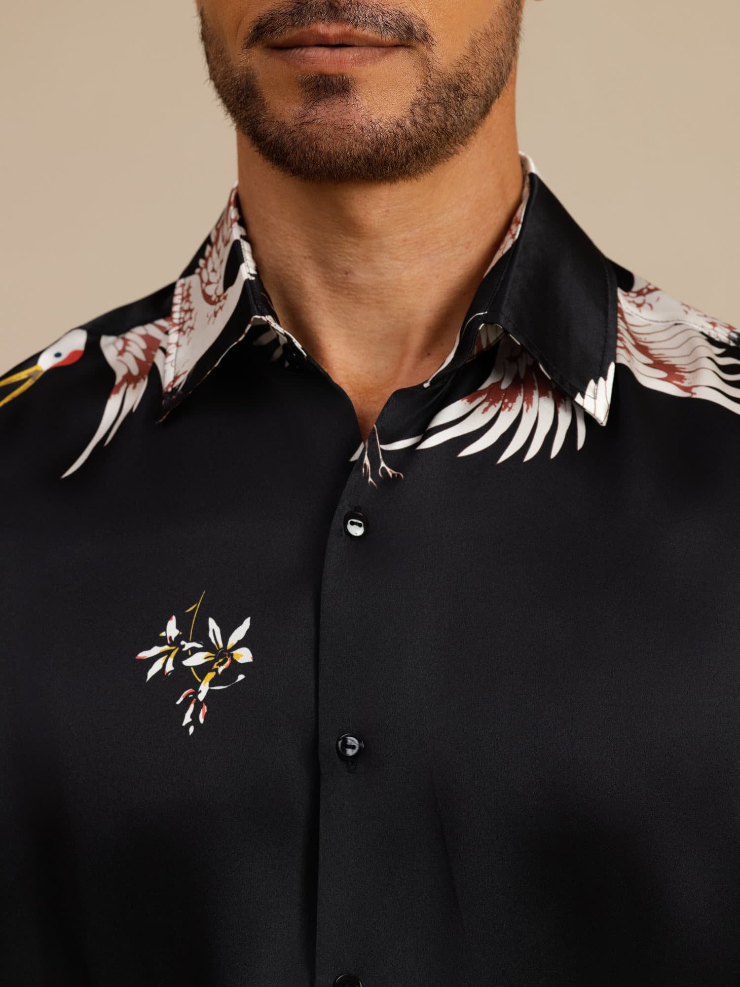 [Black] SilkSilky-UK 19Momme Long Sleeve Lapel Collar Men's Shirt 007