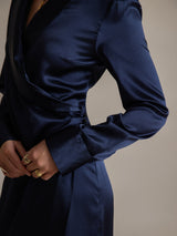 [Dark Blue] SilkSilky-UK 19Momme Long Sleeve V Neck Dress 007