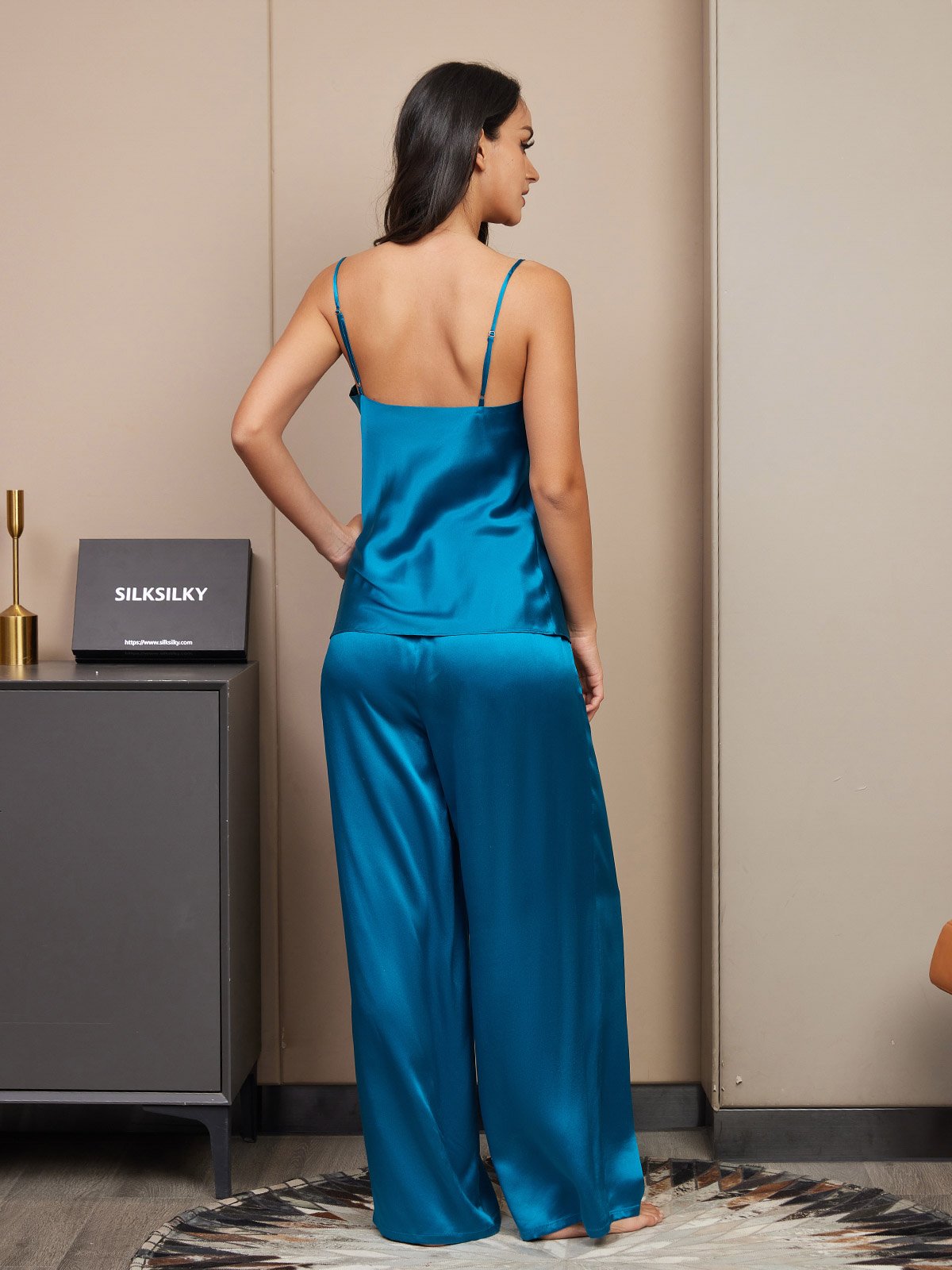 [Teal] SilkSilky-UK Spaghetti Strap V Neck Camisole Set 002