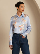 [Light Blue] SilkSilky-UK 19Momme Long Sleeve Lapel Collar Women's Shirt 003