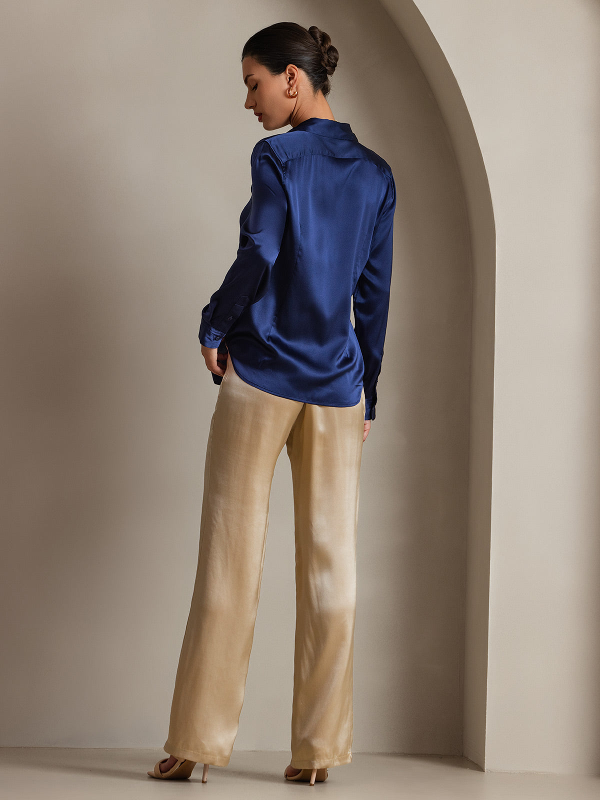 [Dark Blue] SilkSilky-UK Silk Long Sleeve Collar Women's Shirt 002