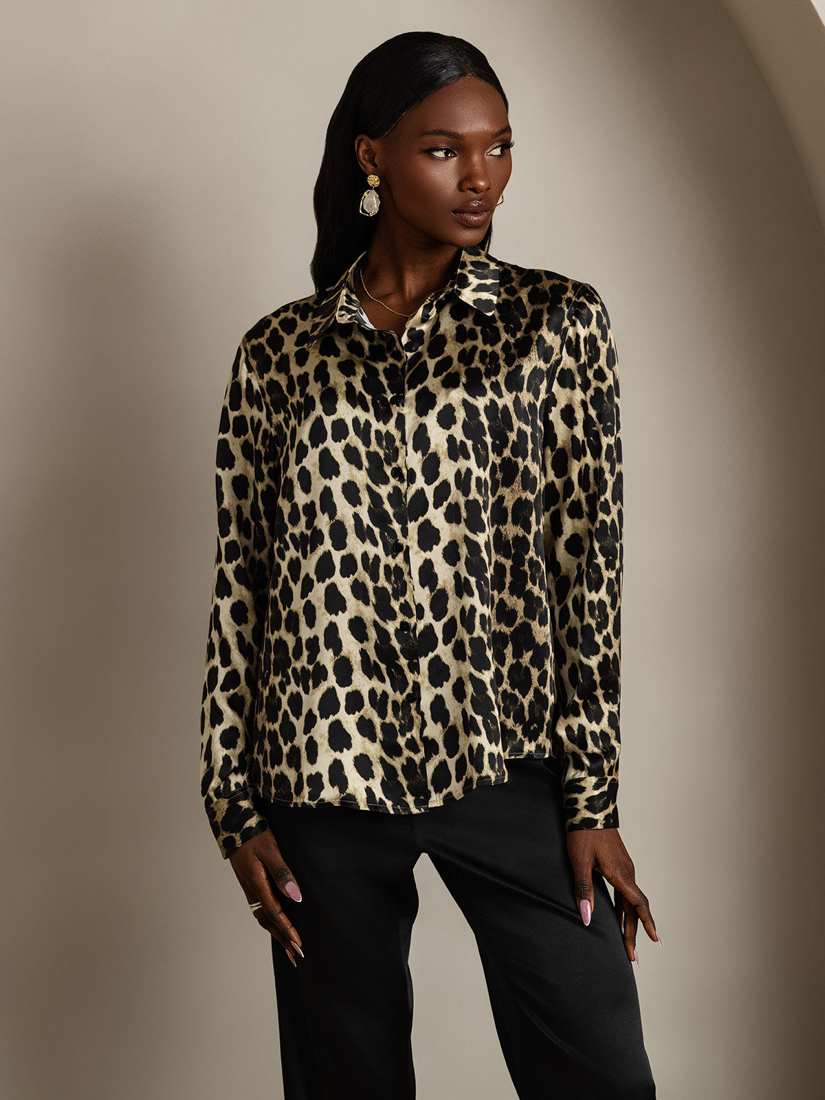 SilkSilky-UK Silk Long Sleeve Collar Women's Shirt Leopard 004