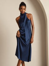 [Dark Blue] SilkSilky-UK Sleeveless Tie Neck Dress 006