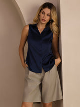 [Dark Blue] SilkSilky-UK Sleeveless Lapel Collar Women's Shirt 006