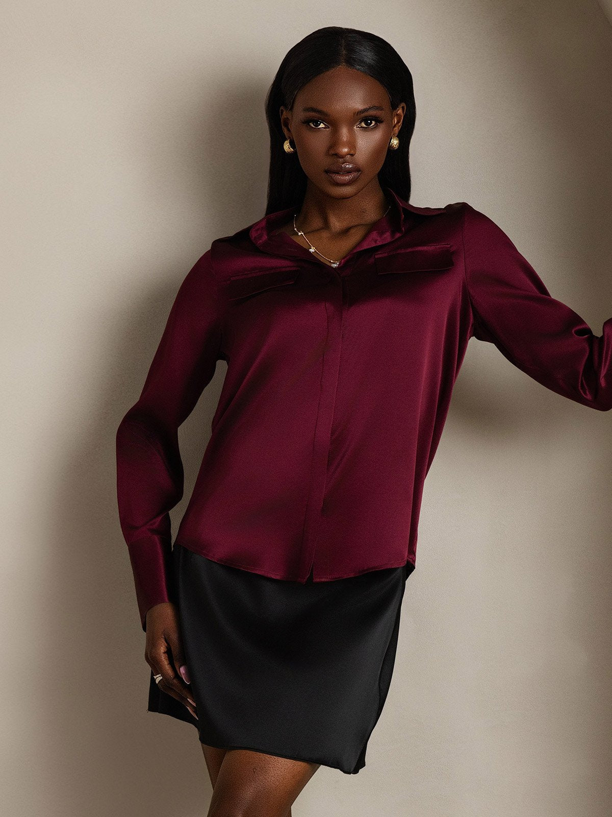 SilkSilky-UK 19Momme Silk Long Sleeve Collar Women's Shirt DarkRed 003