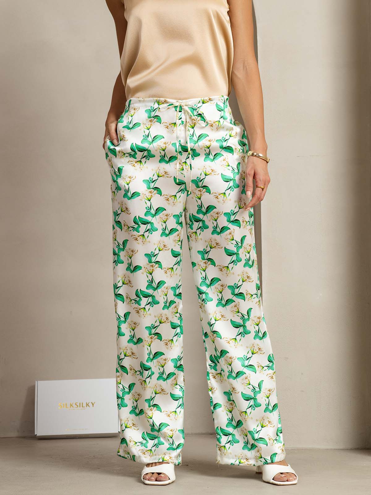 [Green Floral] SilkSilky-UK 19Momme Silk Womens Pants 003