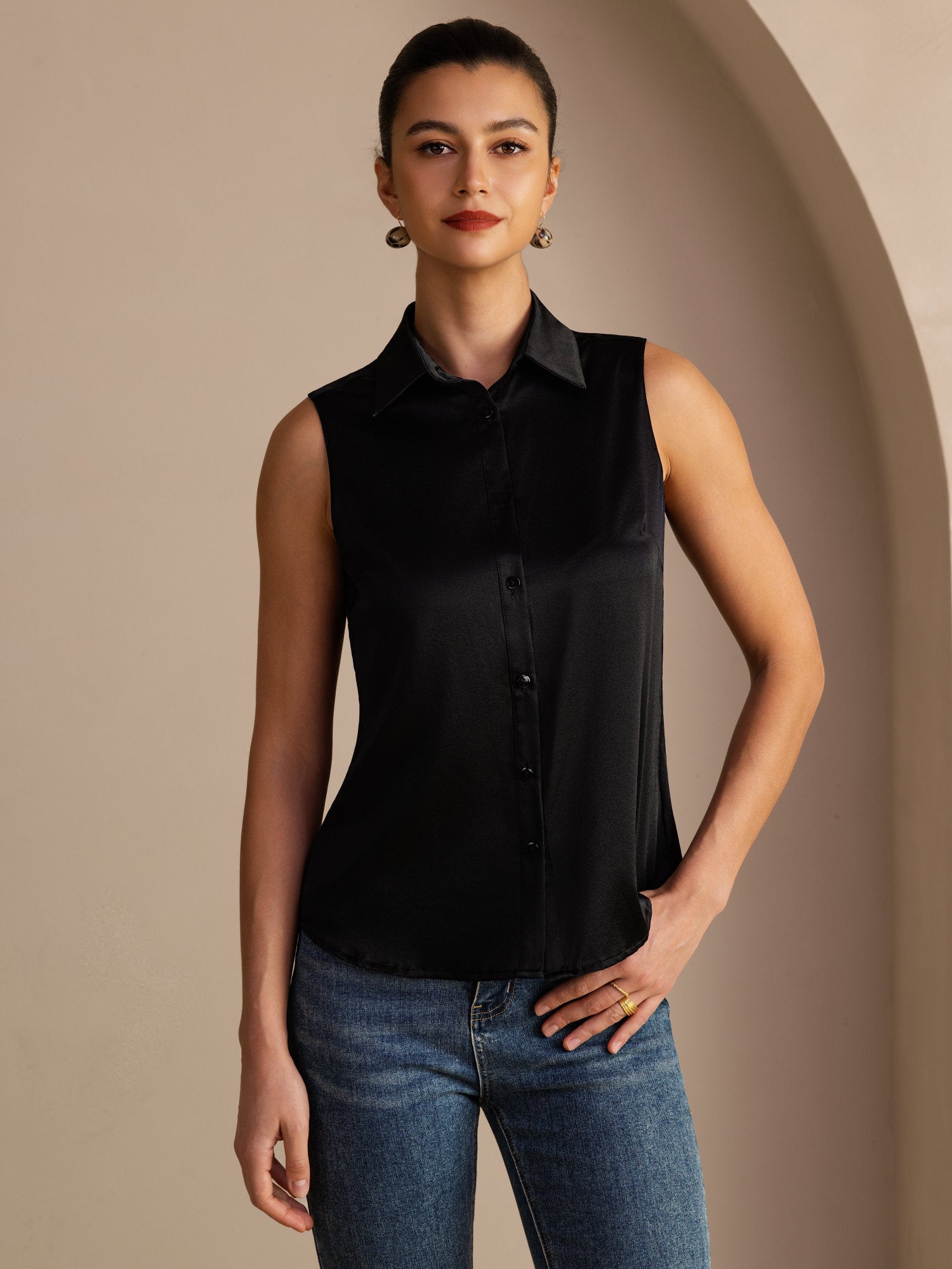 [Black] SilkSilky-UK Sleeveless Lapel Collar Women's Shirt 001
