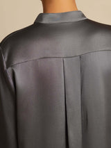 [Dark Gray] SilkSilky-UK 19Momme Stretch Silk Charmeuse Long Sleeve Stand Collar Blouse 007