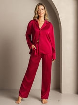 [Wine] SilkSilky-UK 19Momme Machine-Washable Silk Long Sleeve Notch Collar Women's Pyjamas 003