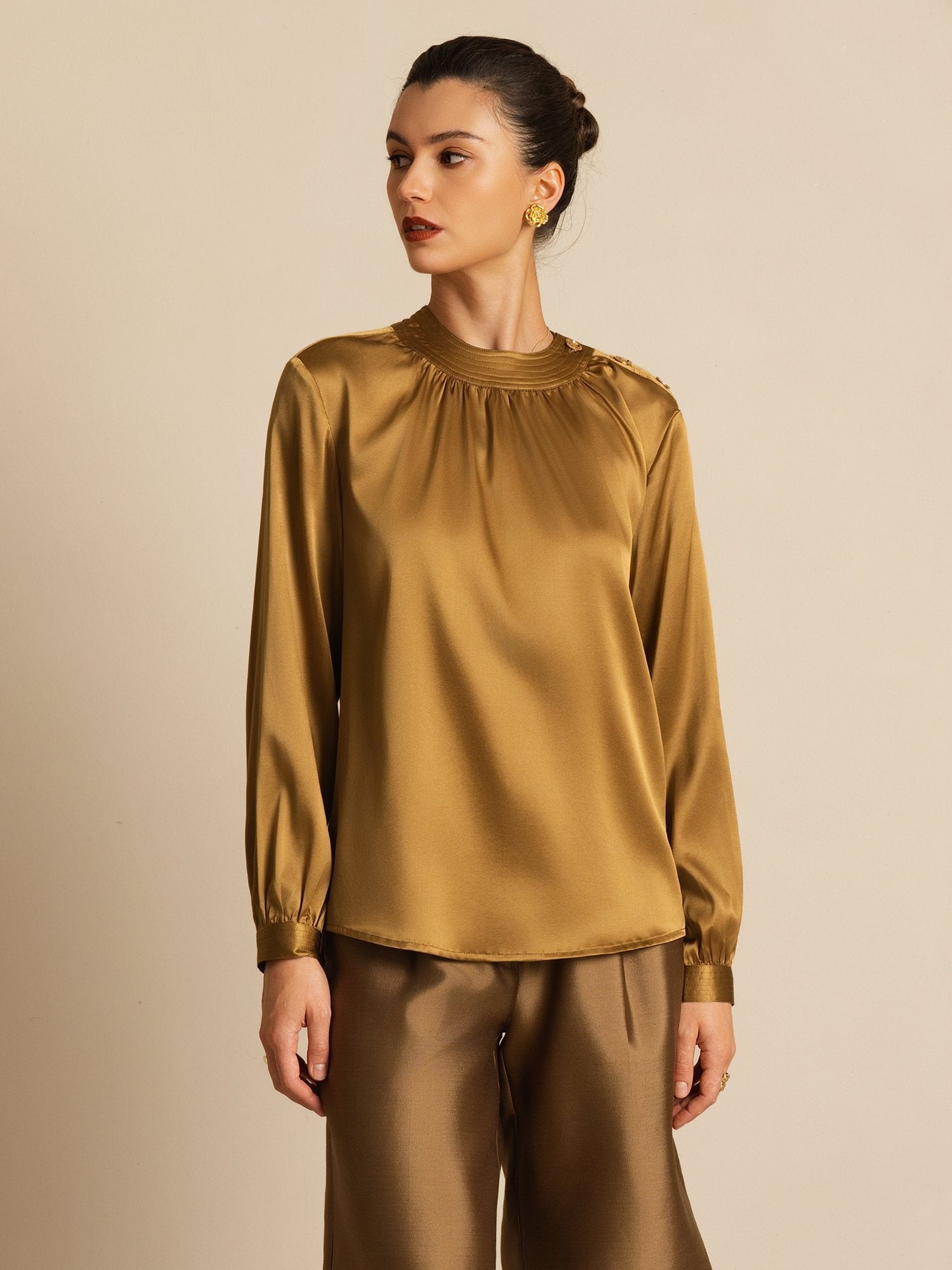 [Bronze] SilkSilky-UK 19Momme Silk Long Sleeve Round Neck Blouse 004
