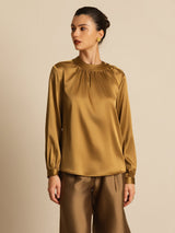 [Bronze] SilkSilky-UK 19Momme Stretch Silk Charmeuse Long Sleeve Round Neck Blouse 004