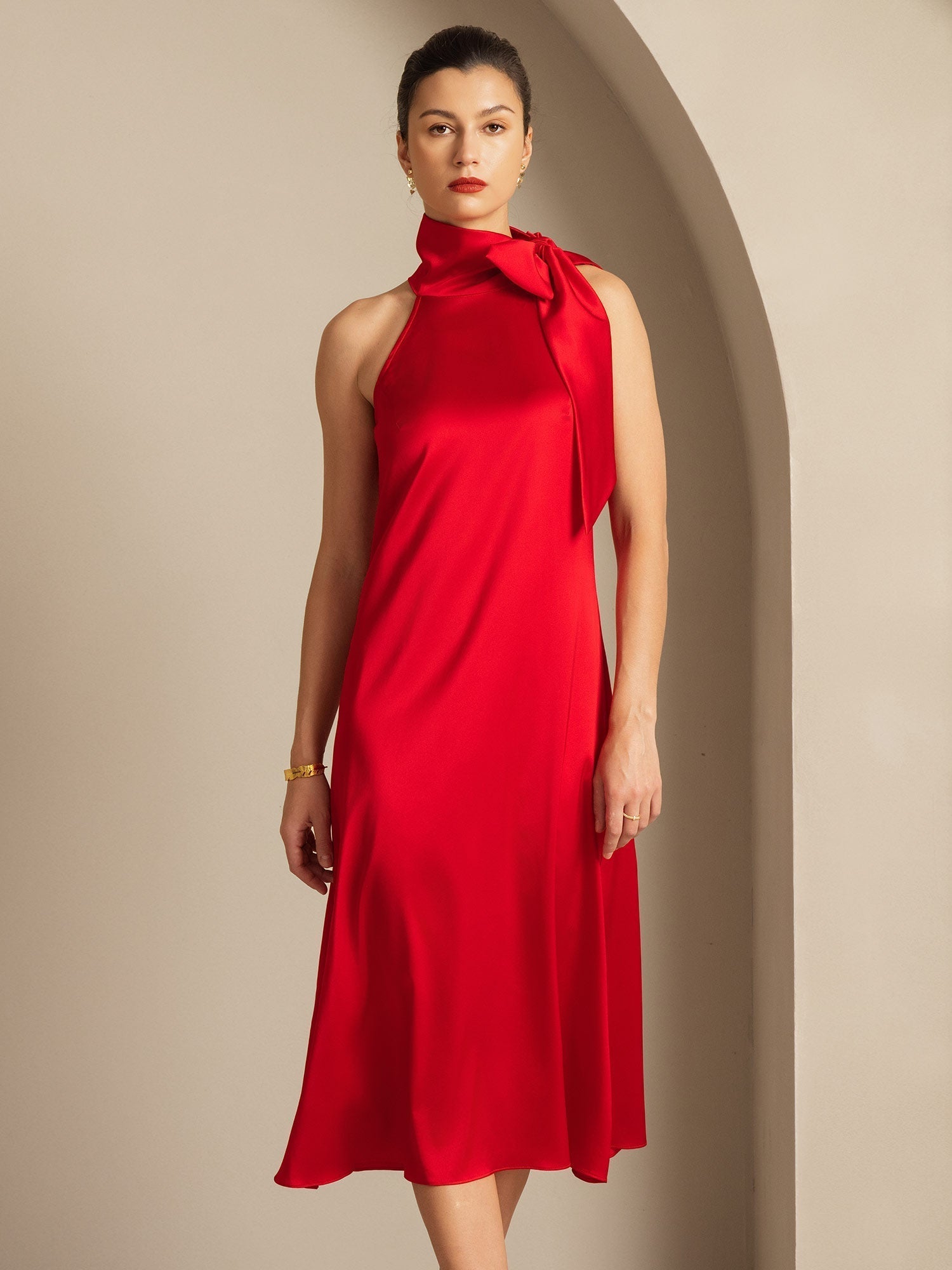 [Red] SilkSilky-UK 19Momme Silk Tie Neck Dress 006,