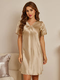 SilkSilky UK Pure Silk Short Sleeve V Neck Nightdress Champagne 001