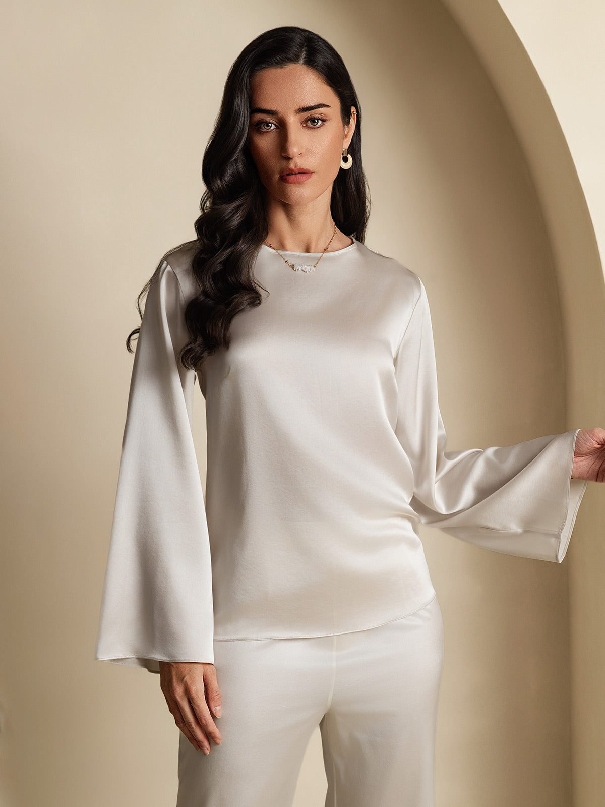 [Light Gray] SilkSilky-UK 19Momme Stretch Silk Charmeuse Long Sleeve Boat Neck Blouse 001