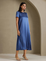 [Real Teal] SilkSilky-UK Short Sleeve Crew Neck Dress 003