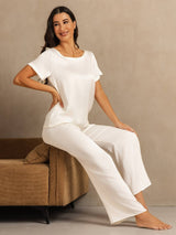 [White] SilkSilky-UK 19Momme Machine-Washable Silk Short Sleeve Women's Pyjamas 007