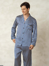 [Navy Stripe] SilkSilky-UK 19Momme Pure Silk Mens Pajamas 005,