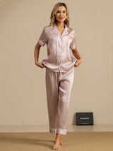 [Pink Heart Geo] SilkSilky-UK Short Sleeve Lapel Collar Women's Pyjamas 001