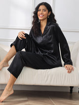 [Black] SilkSilky-UK Long Sleeve Lapel Collar Women's Pyjamas 001