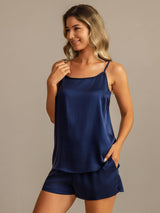 [Dark Blue] SilkSilky-UK 19Momme Machine-Washable Silk Spaghetti Strap Round Neck Camisole Set 007