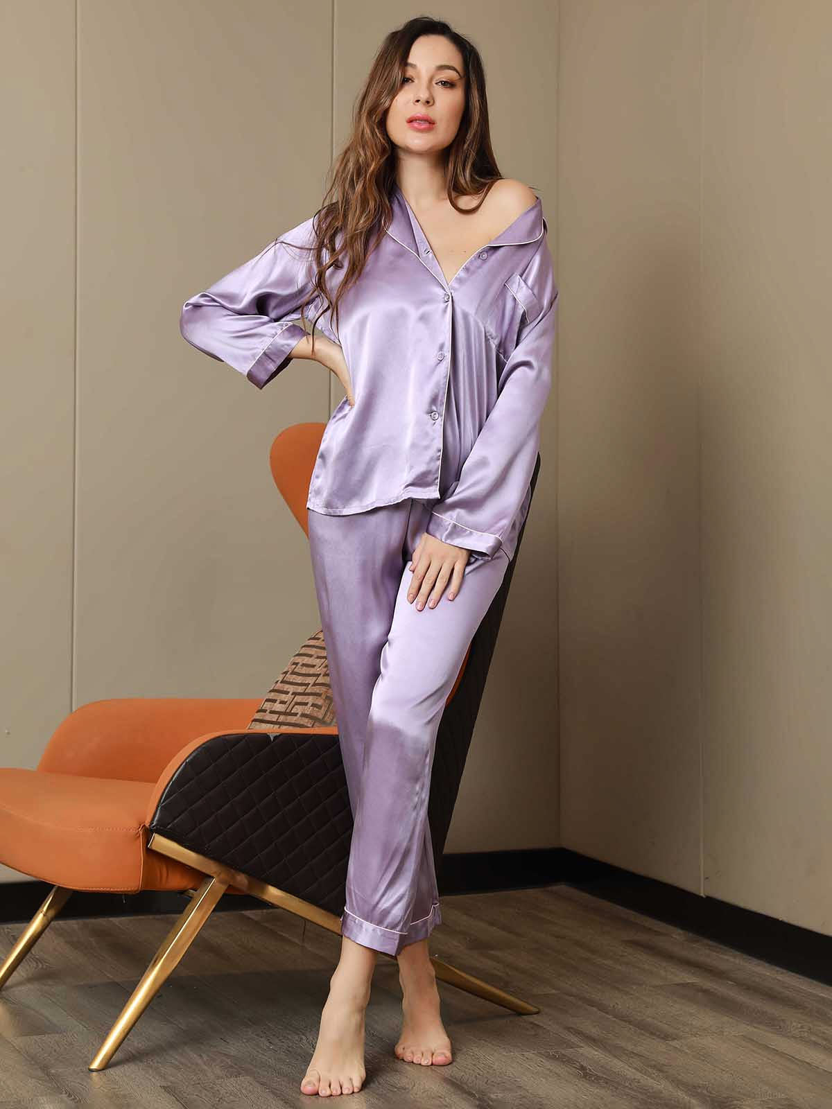 SilkSilky-UK Pure Silk Long Sleeve Lapel Women's Pyjamas Lavender 004